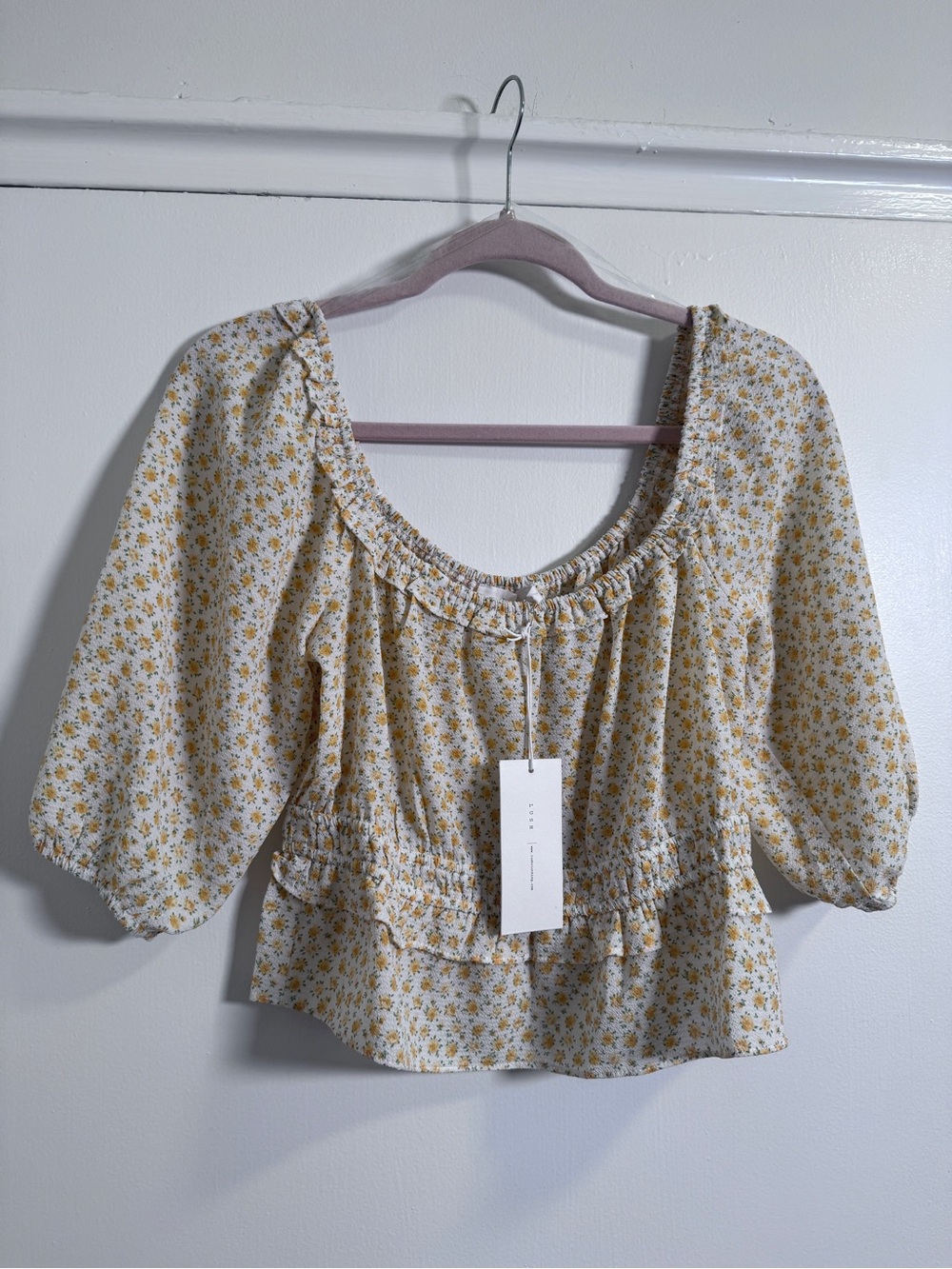 Lush Cream Floral Puff-Sleeve Peasant Blouse with Yellow Print